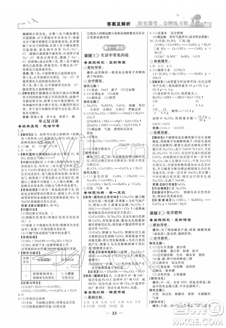 人民教育出版社2022陽(yáng)光課堂金牌練習(xí)冊(cè)化學(xué)九年級(jí)下冊(cè)人教版答案