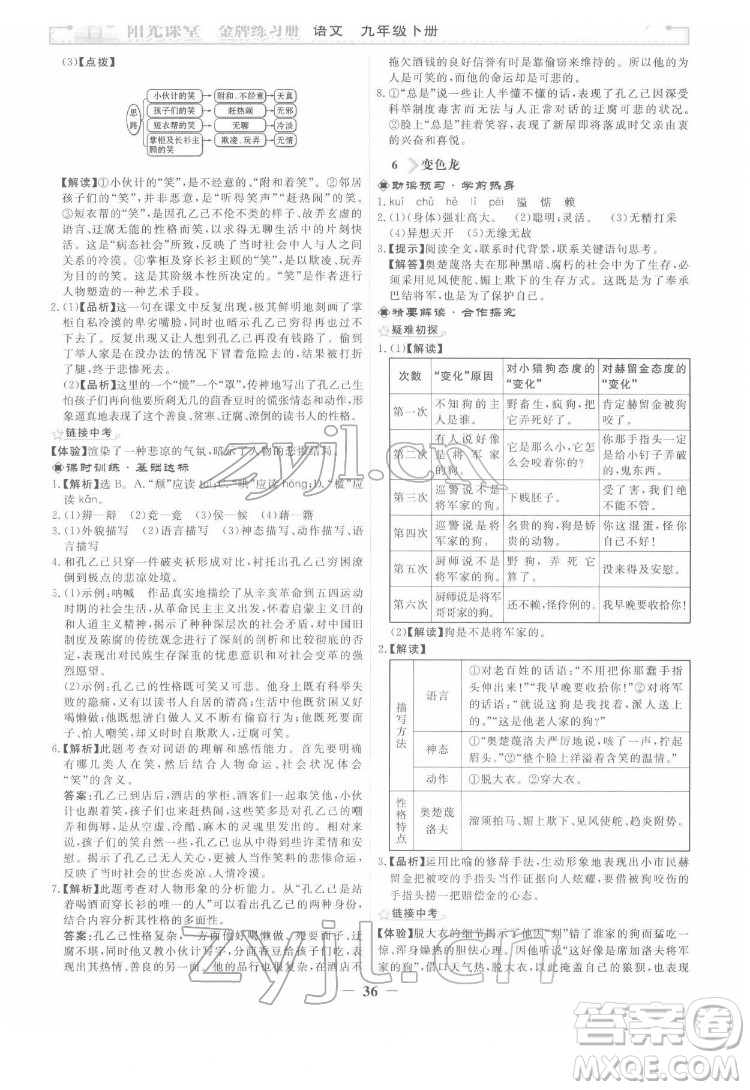 人民教育出版社2022陽光課堂金牌練習冊語文九年級下冊人教版答案