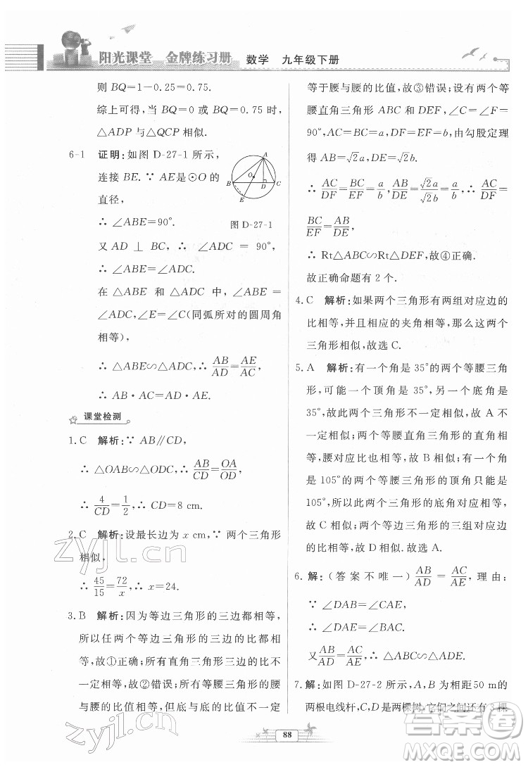 人民教育出版社2022陽光課堂金牌練習冊數(shù)學九年級下冊人教福建專版版答案