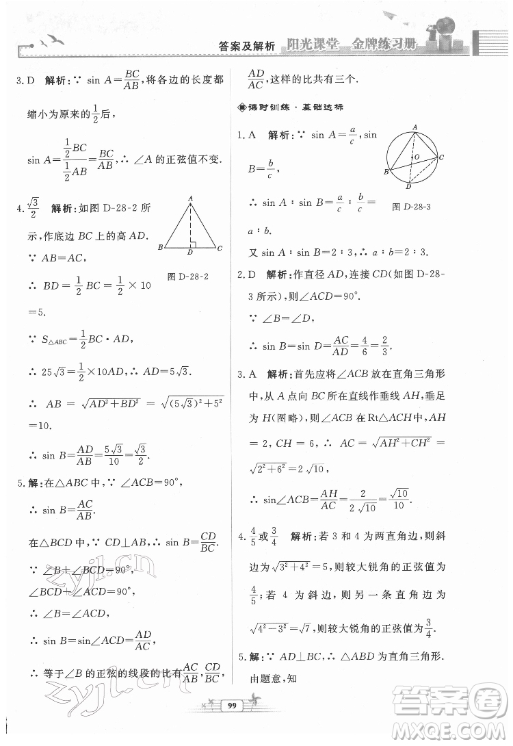 人民教育出版社2022陽光課堂金牌練習冊數(shù)學九年級下冊人教福建專版版答案