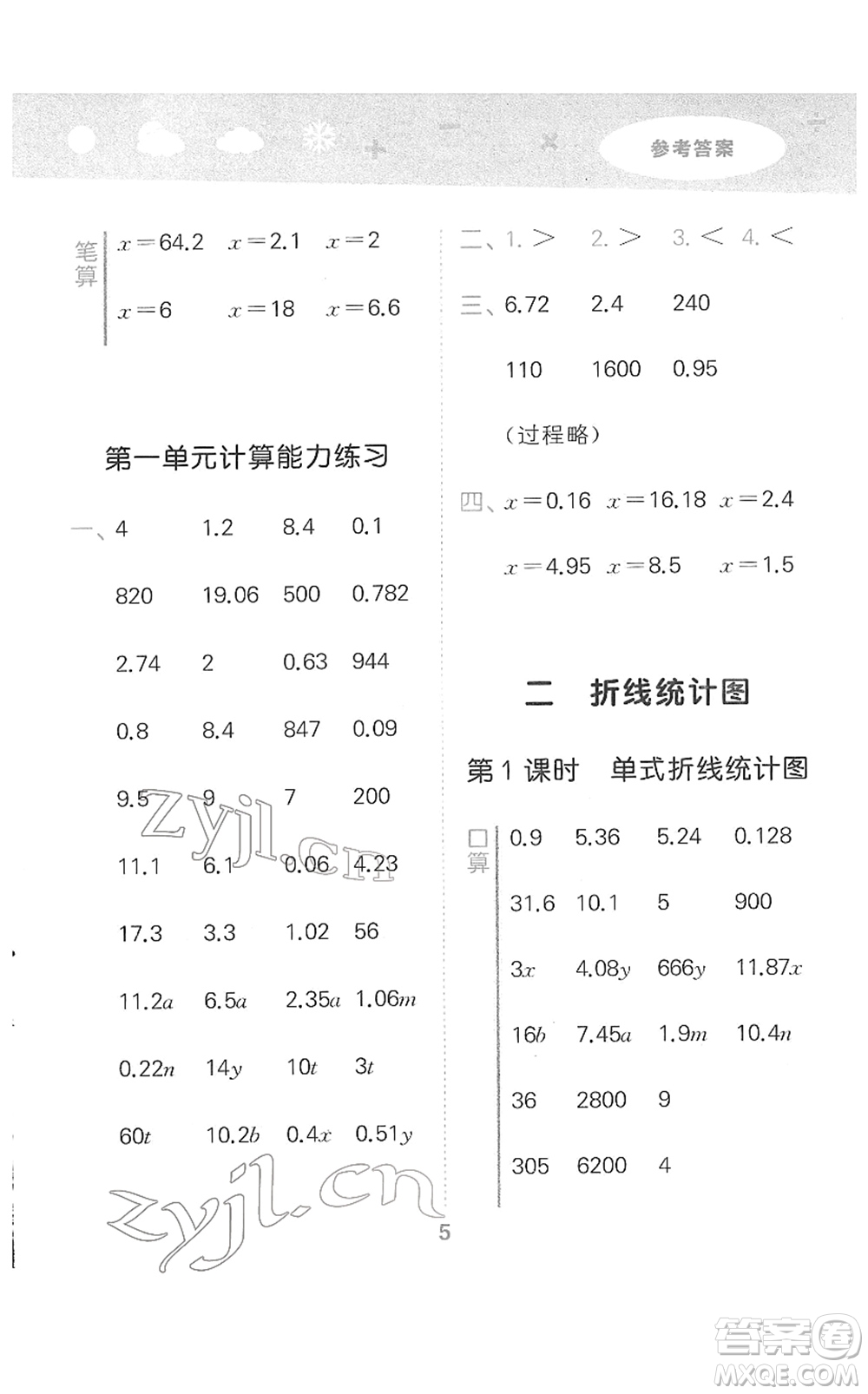 地質(zhì)出版社2022小學(xué)口算大通關(guān)五年級(jí)數(shù)學(xué)下冊(cè)SJ蘇教版答案