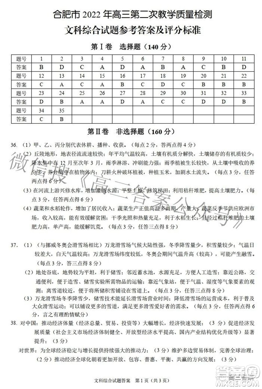 合肥市2022年高三第二次教學(xué)質(zhì)量檢測(cè)文科綜合試題及答案