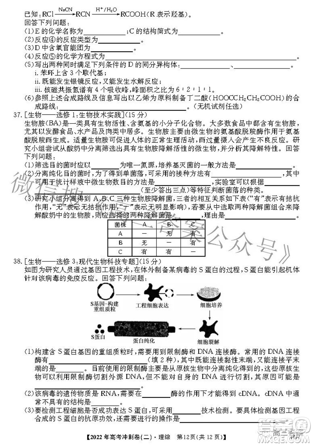 2022年高考沖刺卷二理科綜合試題及答案