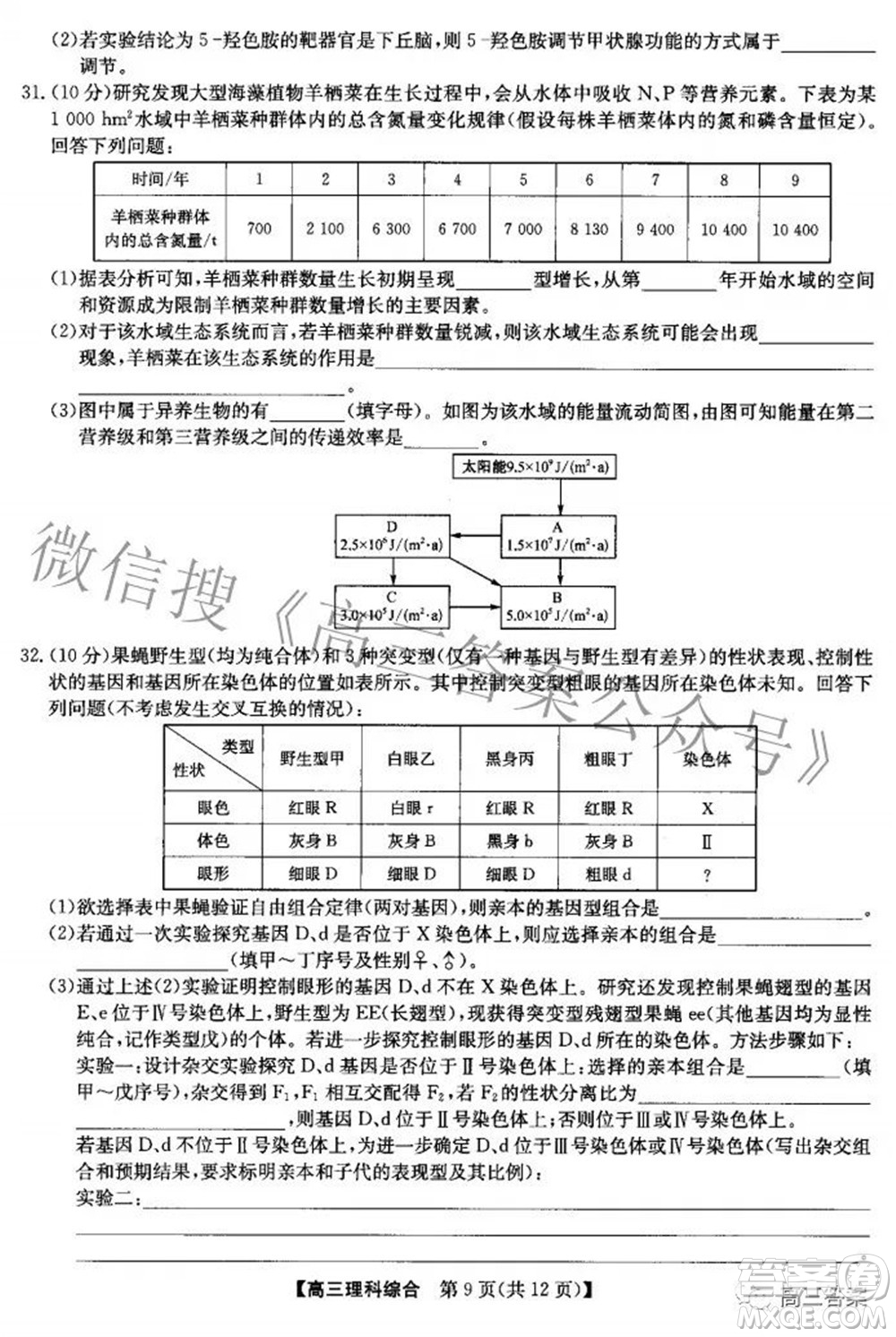 2022九師聯(lián)盟高三4月質(zhì)量監(jiān)測理科綜合試題及答案