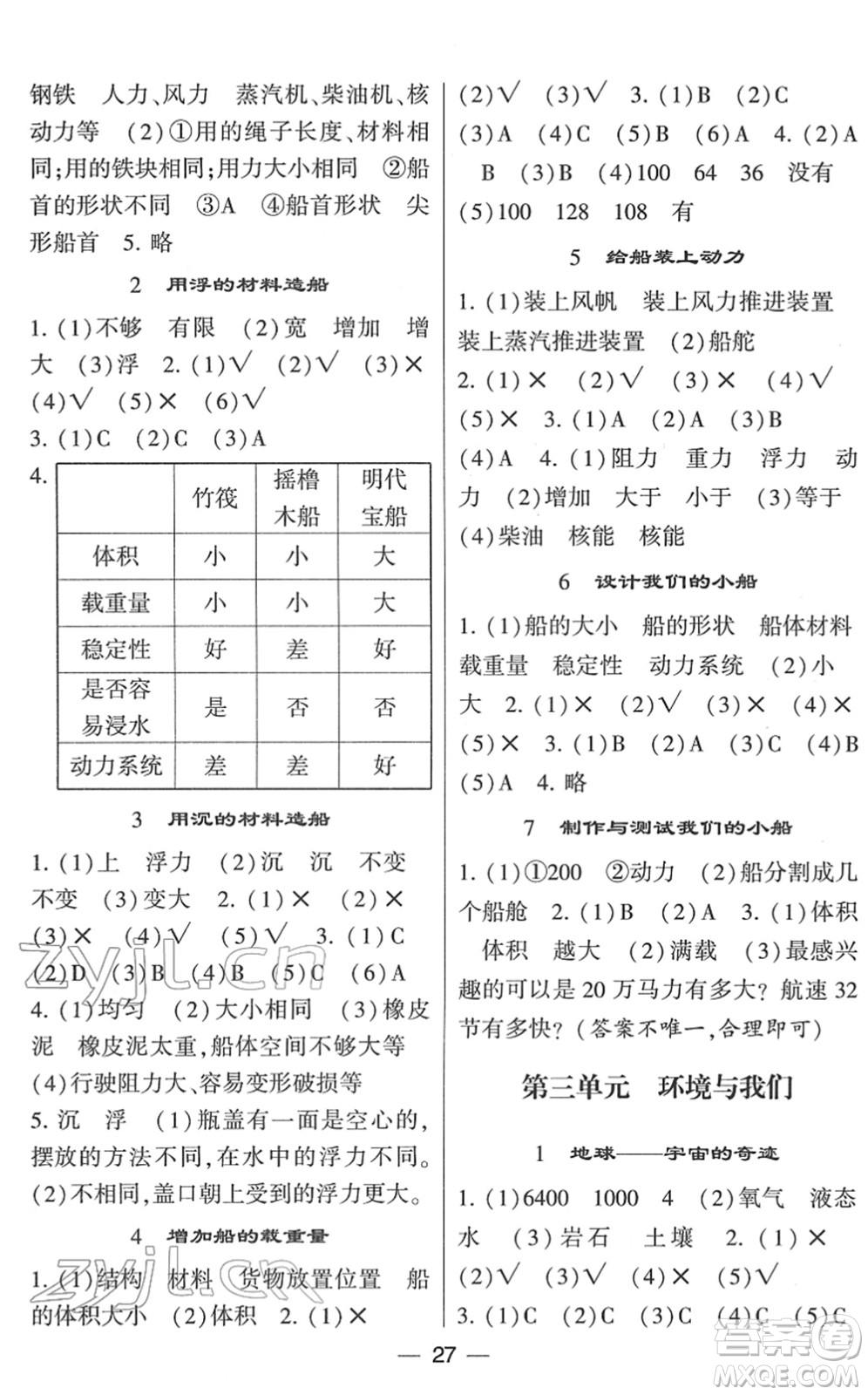 寧夏人民教育出版社2022學(xué)霸棒棒堂同步提優(yōu)五年級科學(xué)下冊JK教科版答案