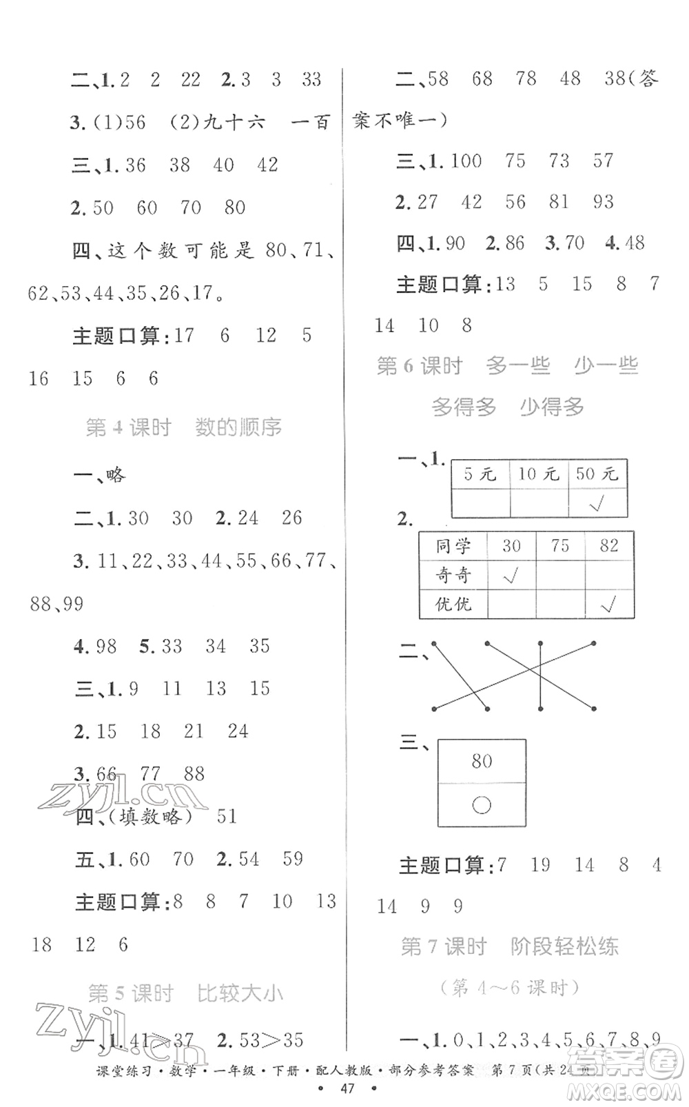 貴州人民出版社2022課堂練習一年級數(shù)學下冊人教版答案