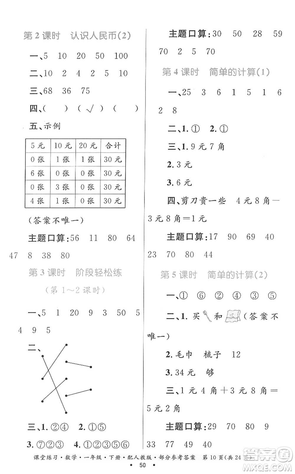 貴州人民出版社2022課堂練習一年級數(shù)學下冊人教版答案