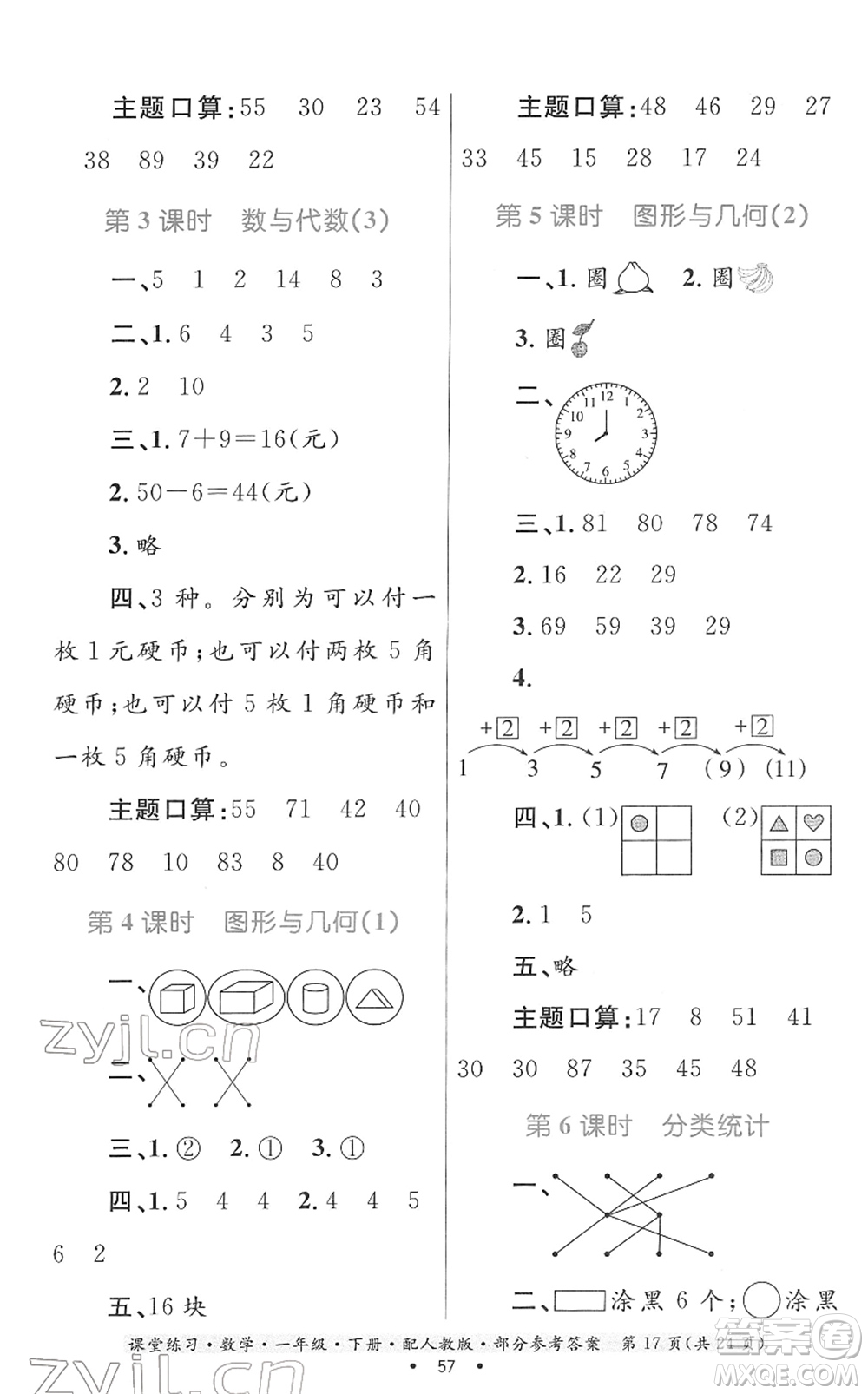 貴州人民出版社2022課堂練習一年級數(shù)學下冊人教版答案