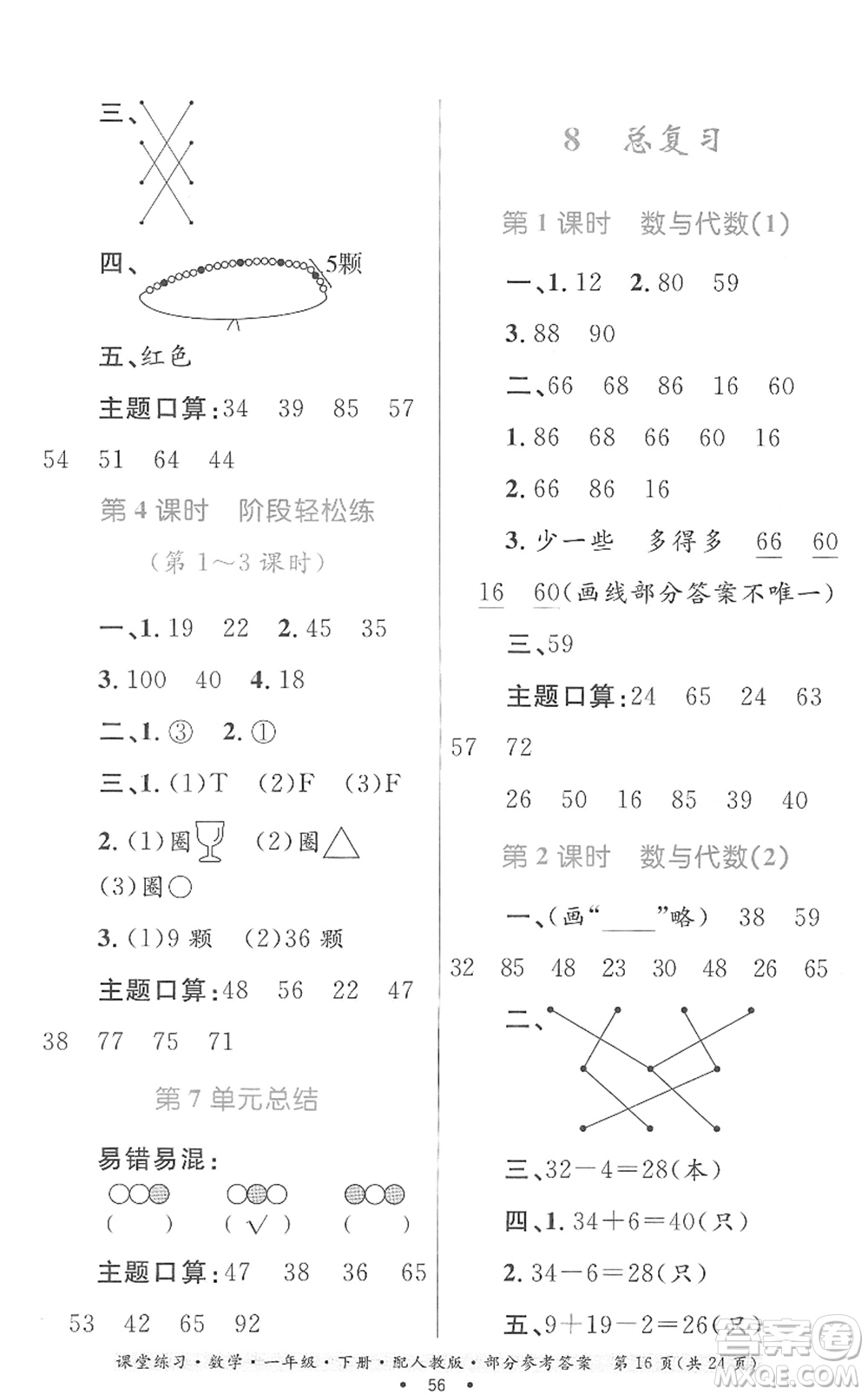 貴州人民出版社2022課堂練習一年級數(shù)學下冊人教版答案