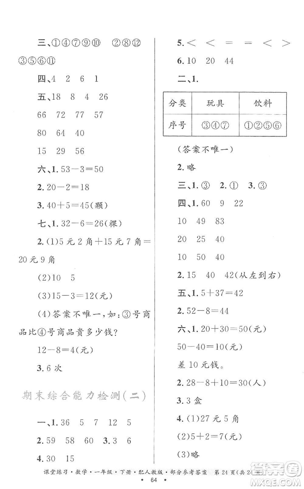 貴州人民出版社2022課堂練習一年級數(shù)學下冊人教版答案