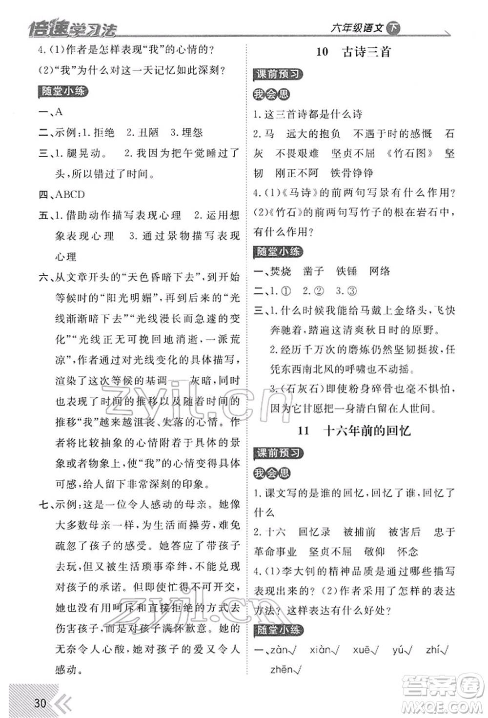 開明出版社2022倍速學(xué)習(xí)法六年級下冊語文人教版參考答案