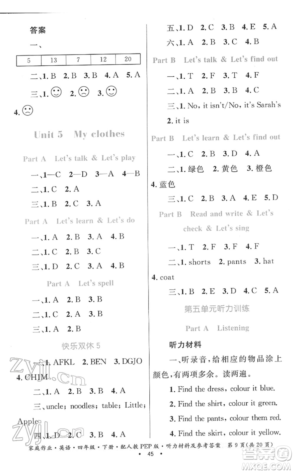 貴州人民出版社2022家庭作業(yè)四年級(jí)英語(yǔ)下冊(cè)人教PEP版答案