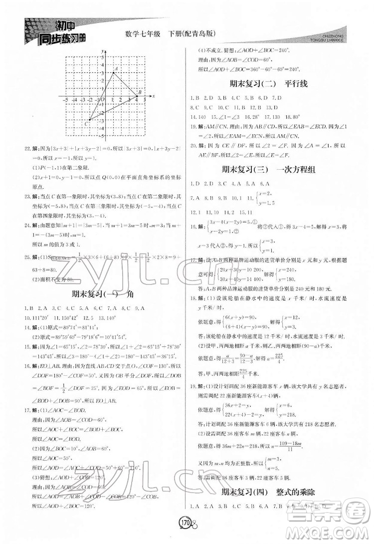 北京教育出版社2022初中同步練習(xí)冊數(shù)學(xué)七年級下冊青島版答案