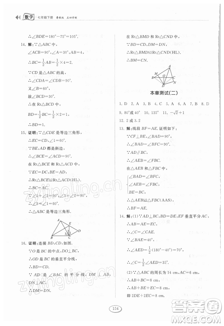 山東科學(xué)技術(shù)出版社2022初中同步練習(xí)冊(cè)數(shù)學(xué)七年級(jí)下冊(cè)魯教版答案