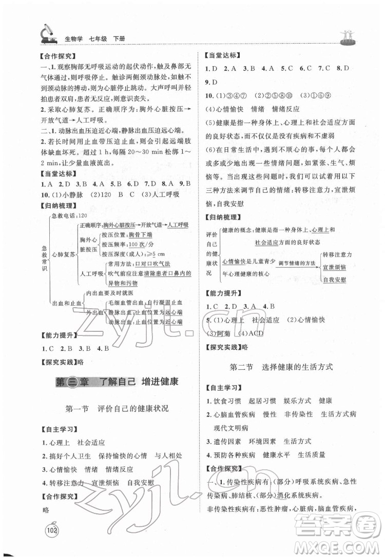 山東教育出版社2022初中同步練習冊生物學七年級下冊魯科版答案