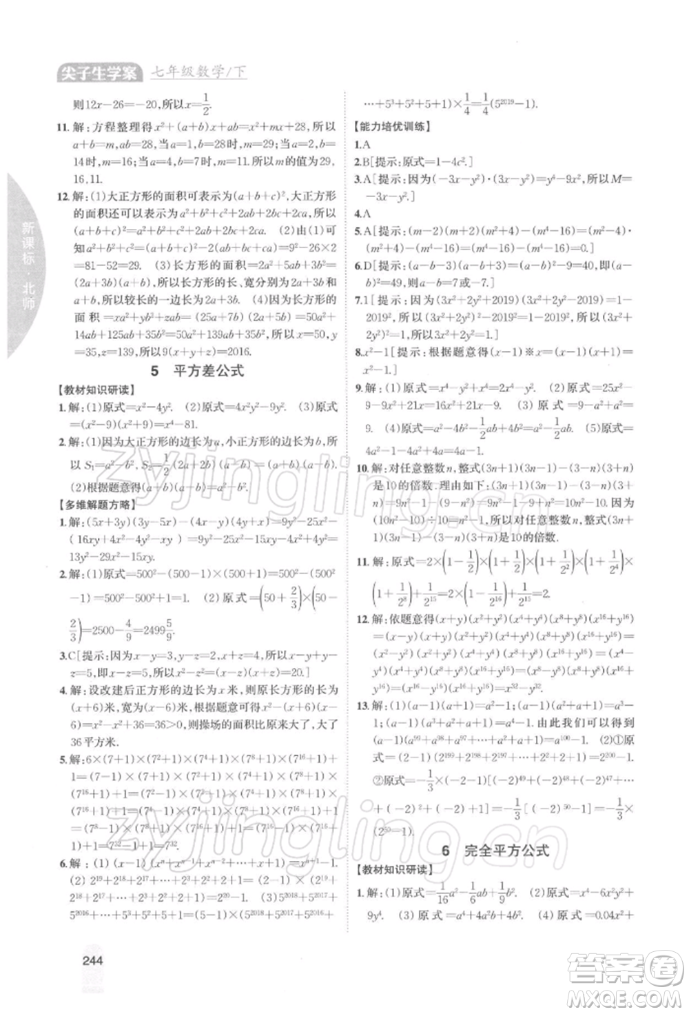 吉林人民出版社2022尖子生學(xué)案七年級下冊數(shù)學(xué)北師大版參考答案