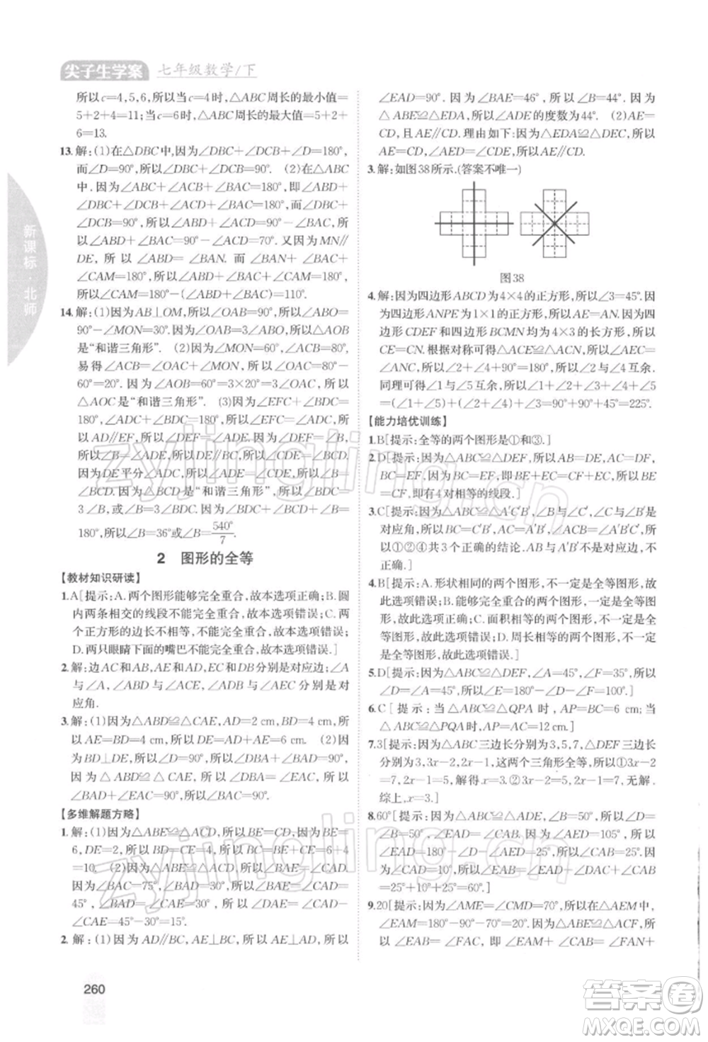 吉林人民出版社2022尖子生學(xué)案七年級下冊數(shù)學(xué)北師大版參考答案