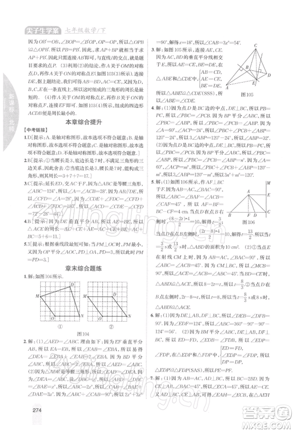 吉林人民出版社2022尖子生學(xué)案七年級下冊數(shù)學(xué)北師大版參考答案