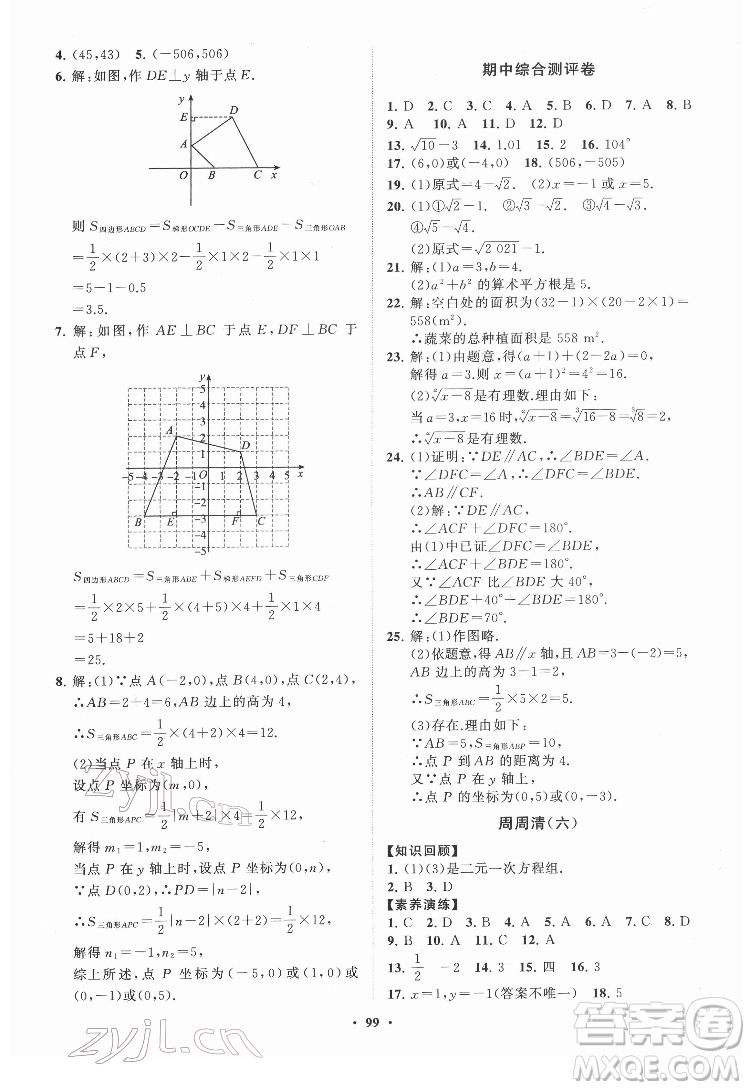 山東教育出版社2022初中同步練習冊分層卷數(shù)學七年級下冊人教版答案