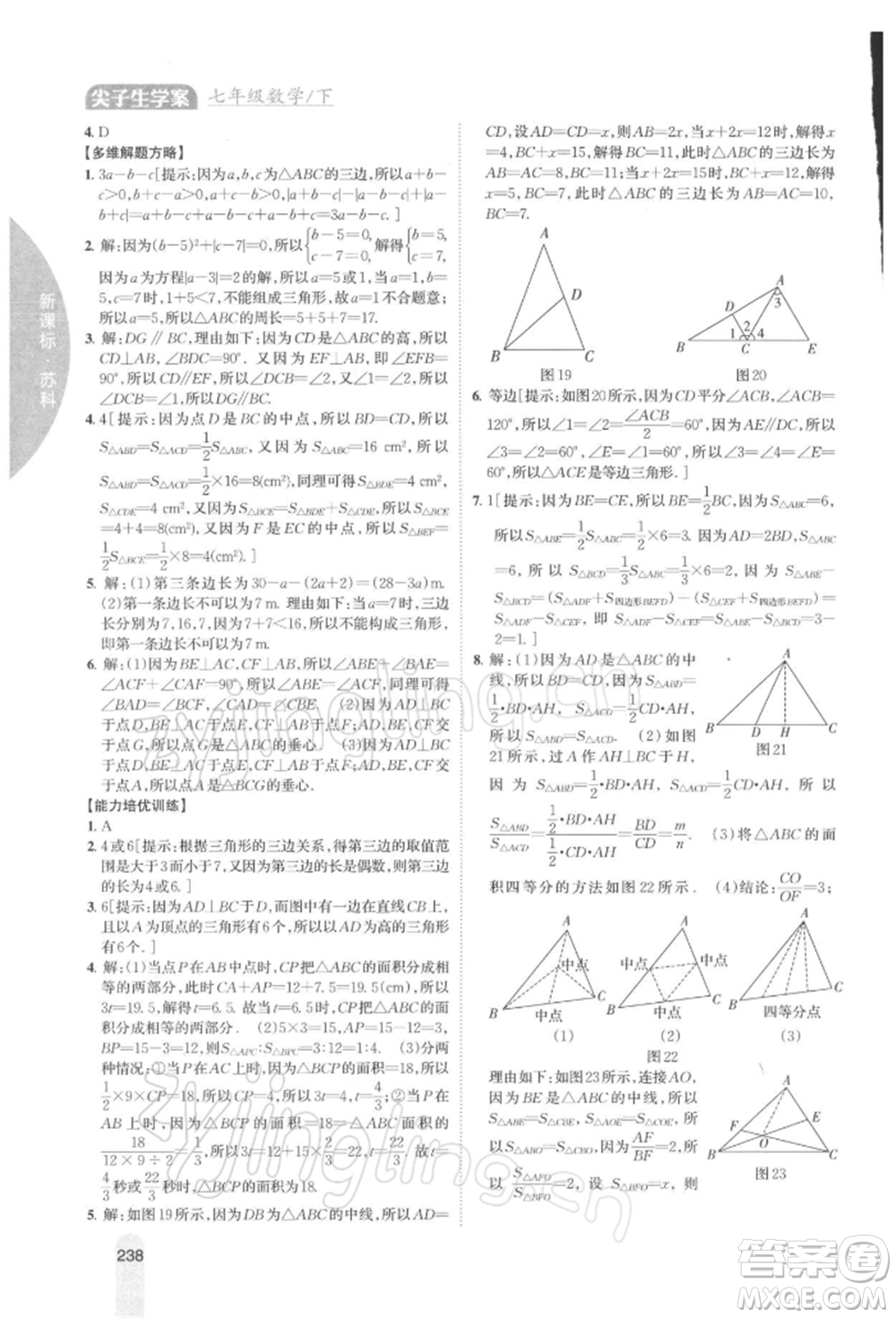 吉林人民出版社2022尖子生學案七年級下冊數(shù)學蘇科版參考答案