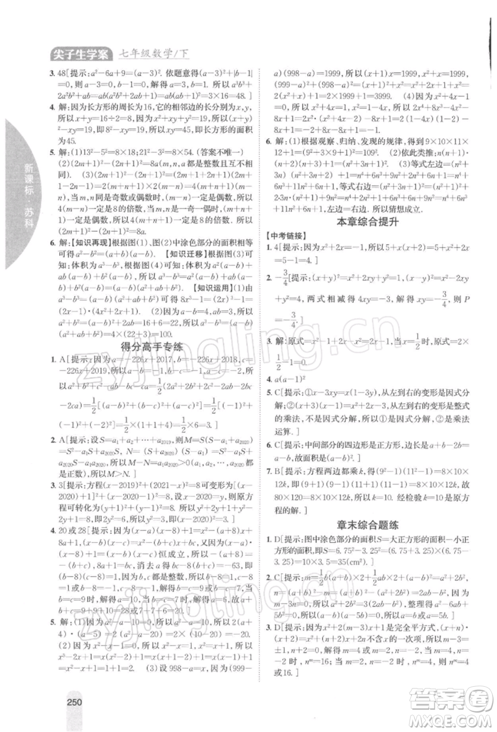 吉林人民出版社2022尖子生學案七年級下冊數(shù)學蘇科版參考答案