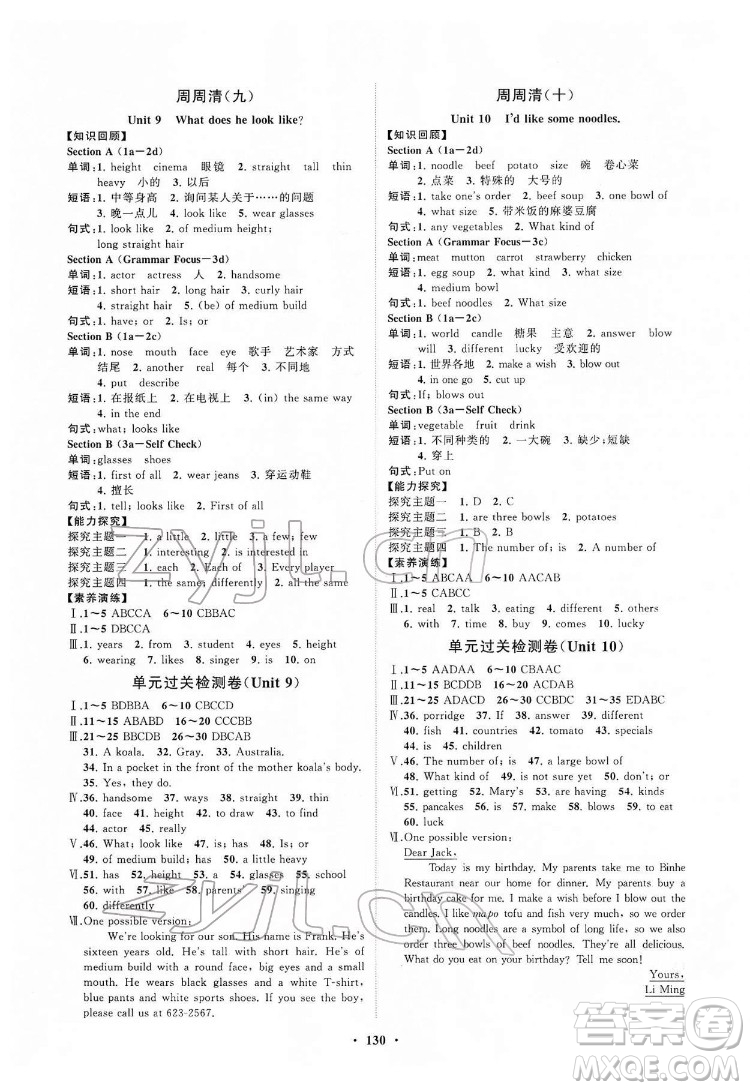 山東教育出版社2022初中同步練習冊分層卷英語七年級下冊人教版答案