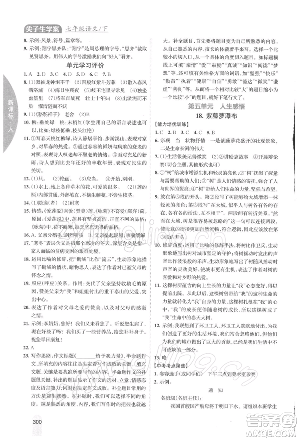 吉林人民出版社2022尖子生學(xué)案七年級下冊語文人教版參考答案