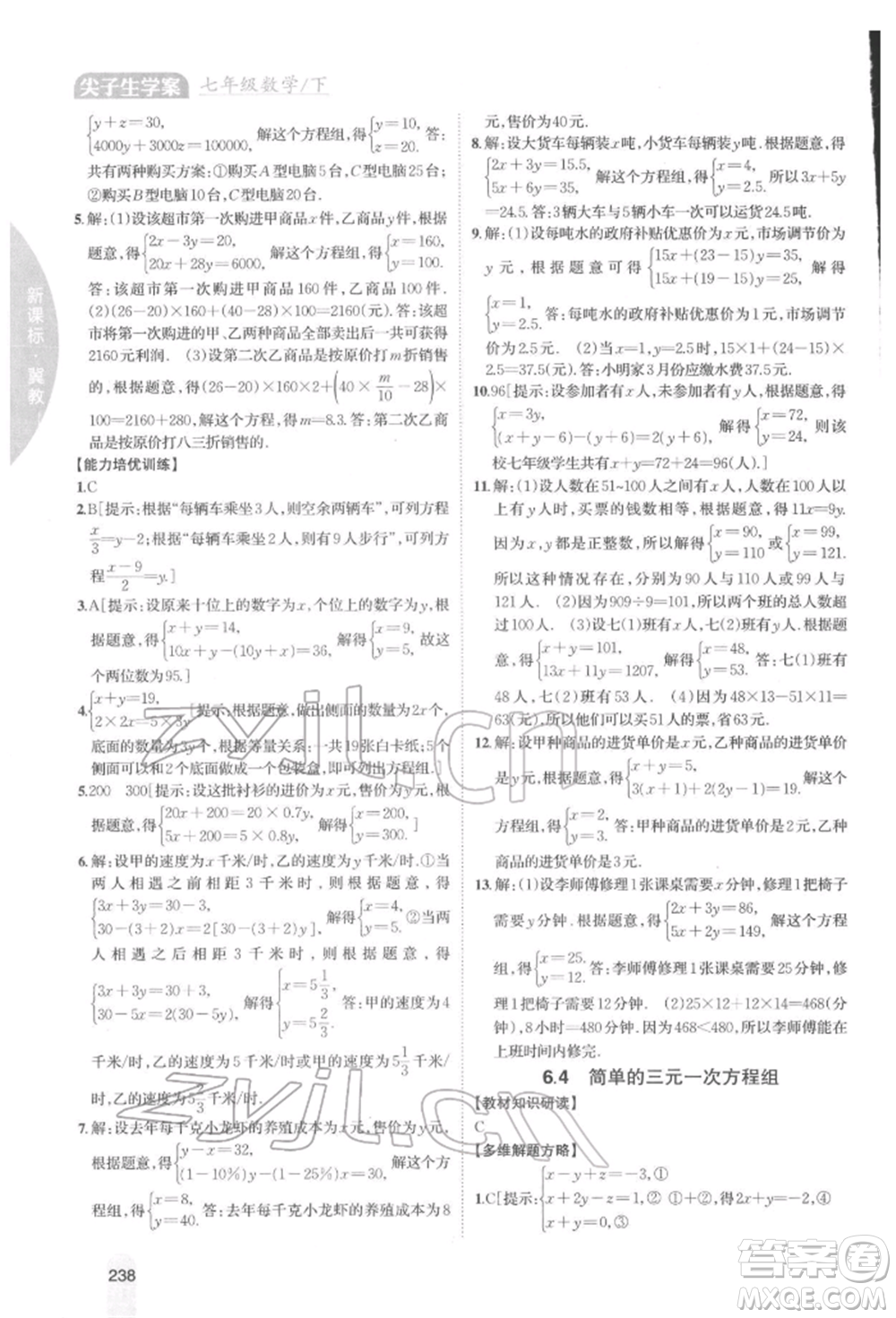 吉林人民出版社2022尖子生學(xué)案七年級(jí)下冊(cè)數(shù)學(xué)冀教版參考答案