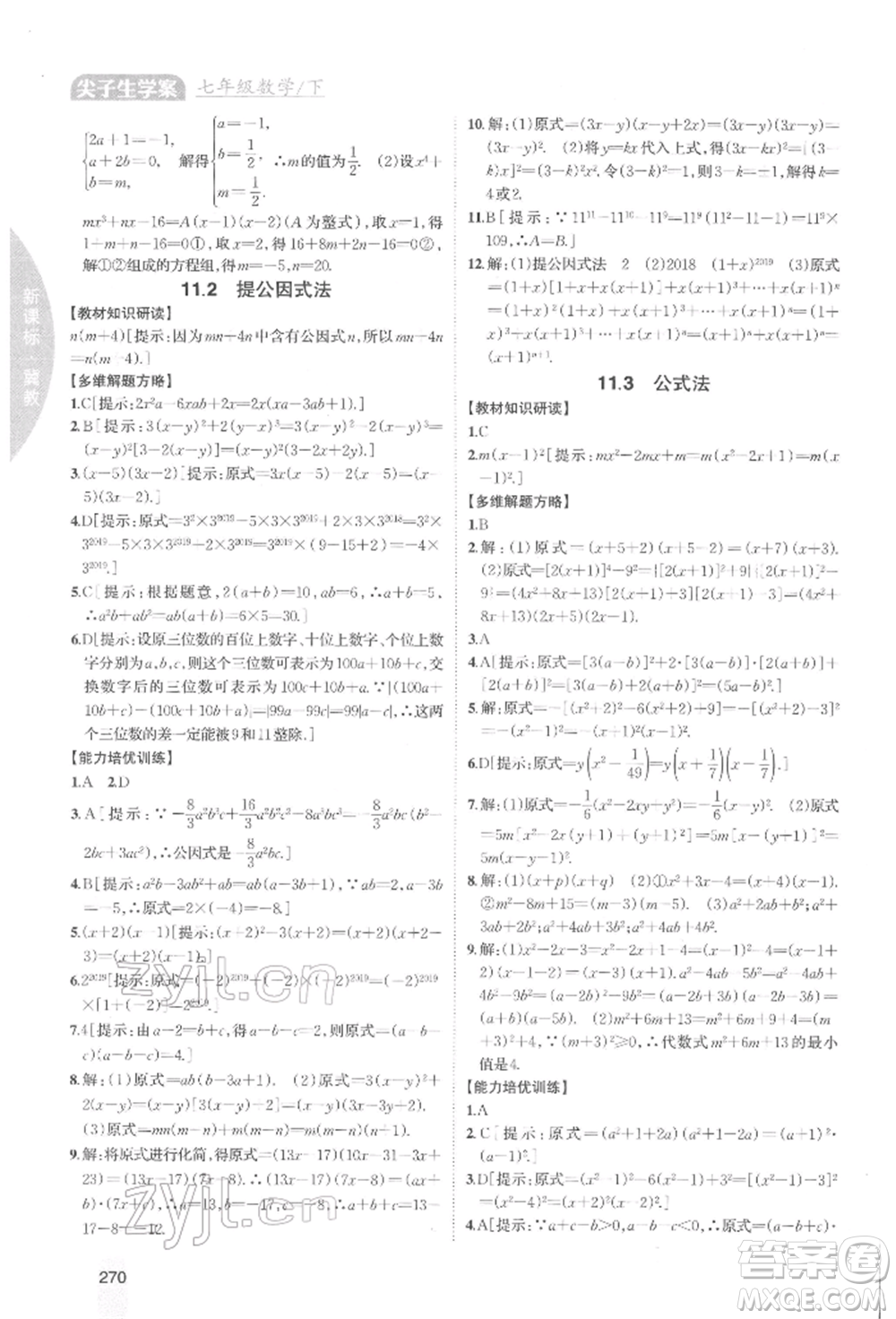 吉林人民出版社2022尖子生學(xué)案七年級(jí)下冊(cè)數(shù)學(xué)冀教版參考答案