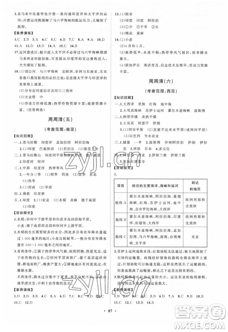 山東教育出版社2022初中同步練習(xí)冊分層卷地理七年級下冊湘教版答案