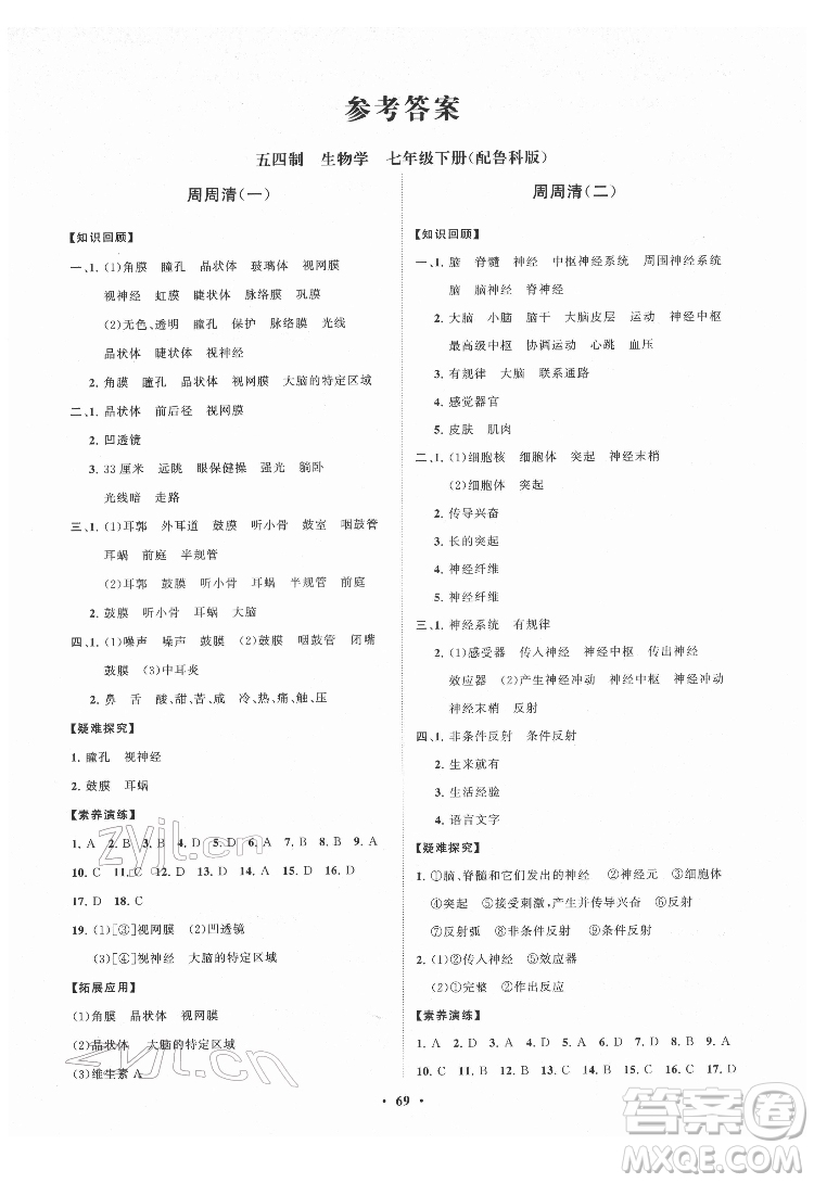 山東教育出版社2022初中同步練習(xí)冊(cè)分層卷生物學(xué)七年級(jí)下冊(cè)五四制魯科版答案