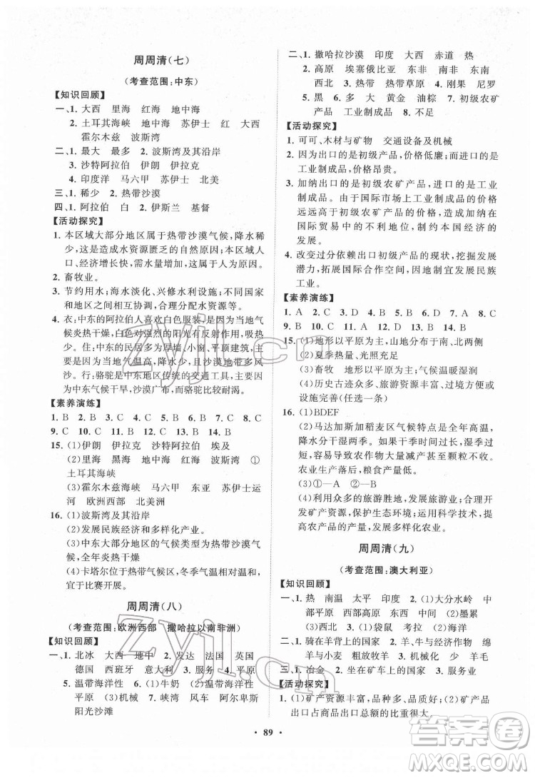 山東教育出版社2022初中同步練習冊分層卷地理七年級下冊人教版答案