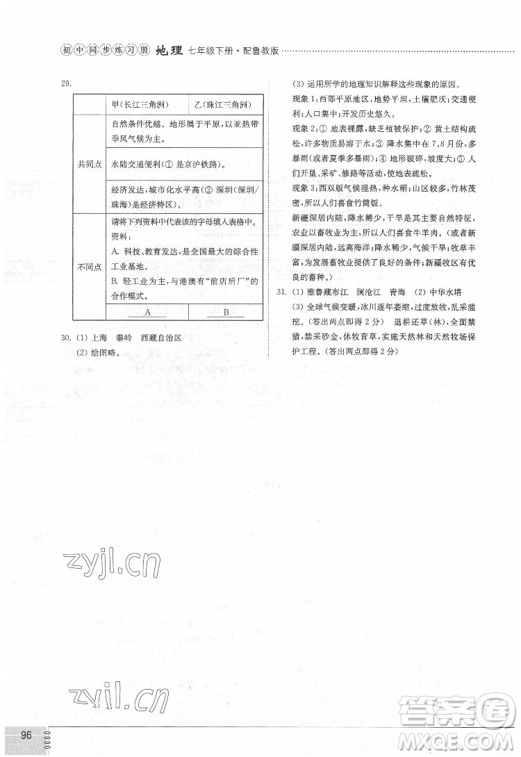 山東教育出版社2022初中同步練習(xí)冊(cè)地理七年級(jí)下冊(cè)五四制魯教版答案