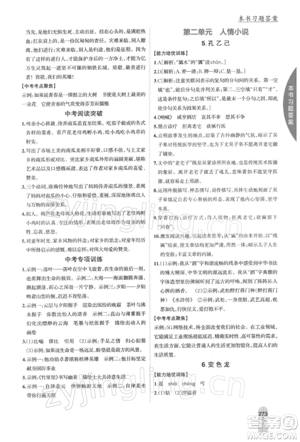 吉林人民出版社2022尖子生學案九年級下冊語文人教版參考答案