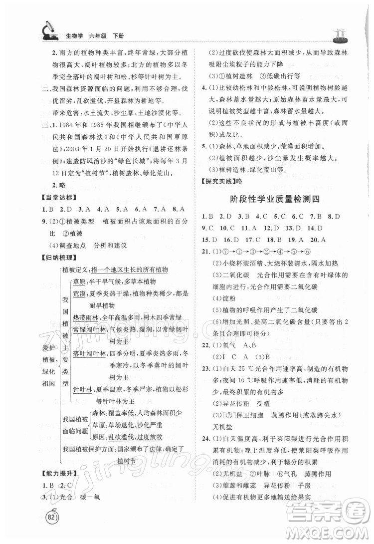 山東友誼出版社2022初中同步練習(xí)冊生物學(xué)六年級下冊魯科版答案