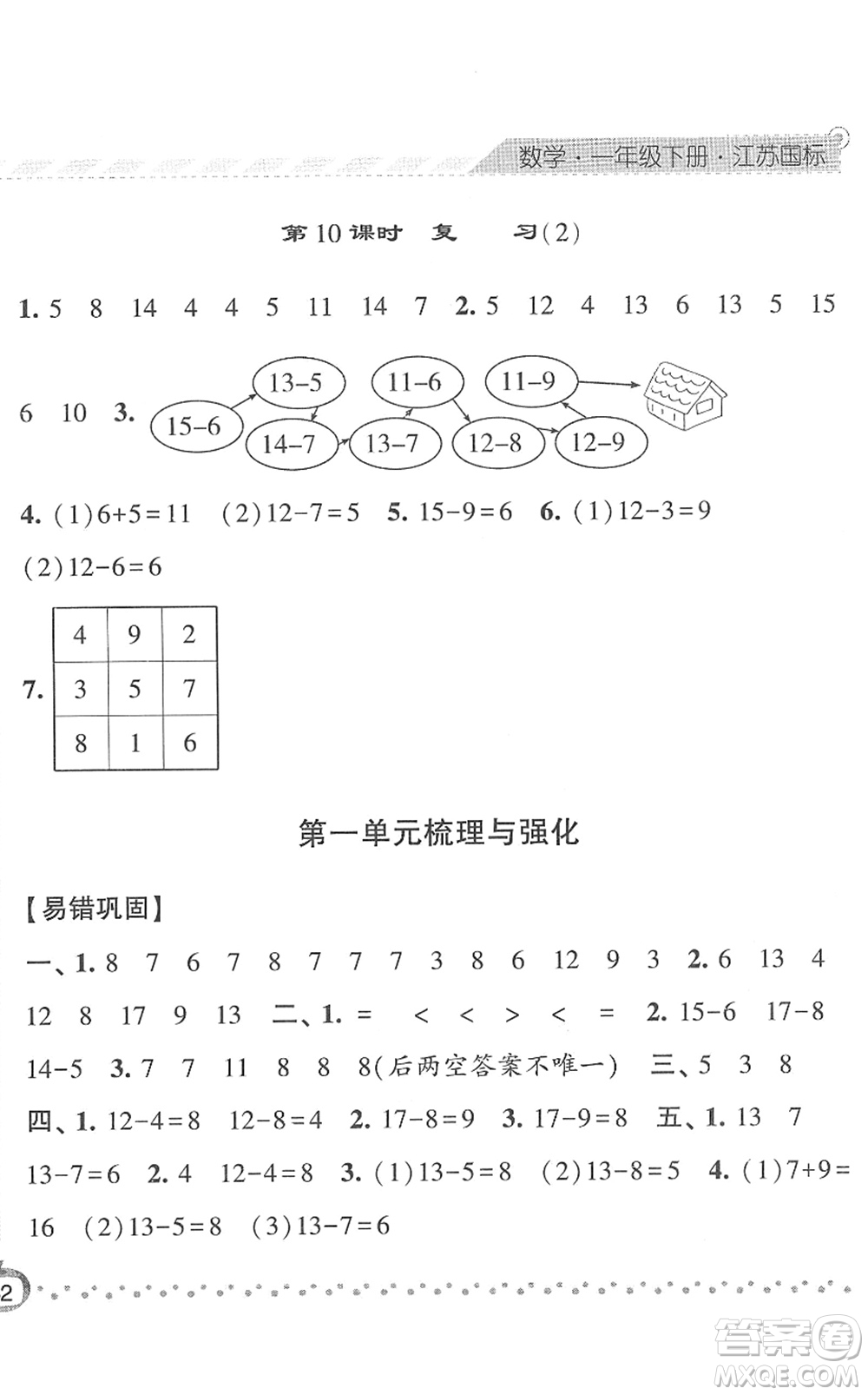 寧夏人民教育出版社2022經(jīng)綸學(xué)典課時(shí)作業(yè)一年級數(shù)學(xué)下冊江蘇國標(biāo)版答案