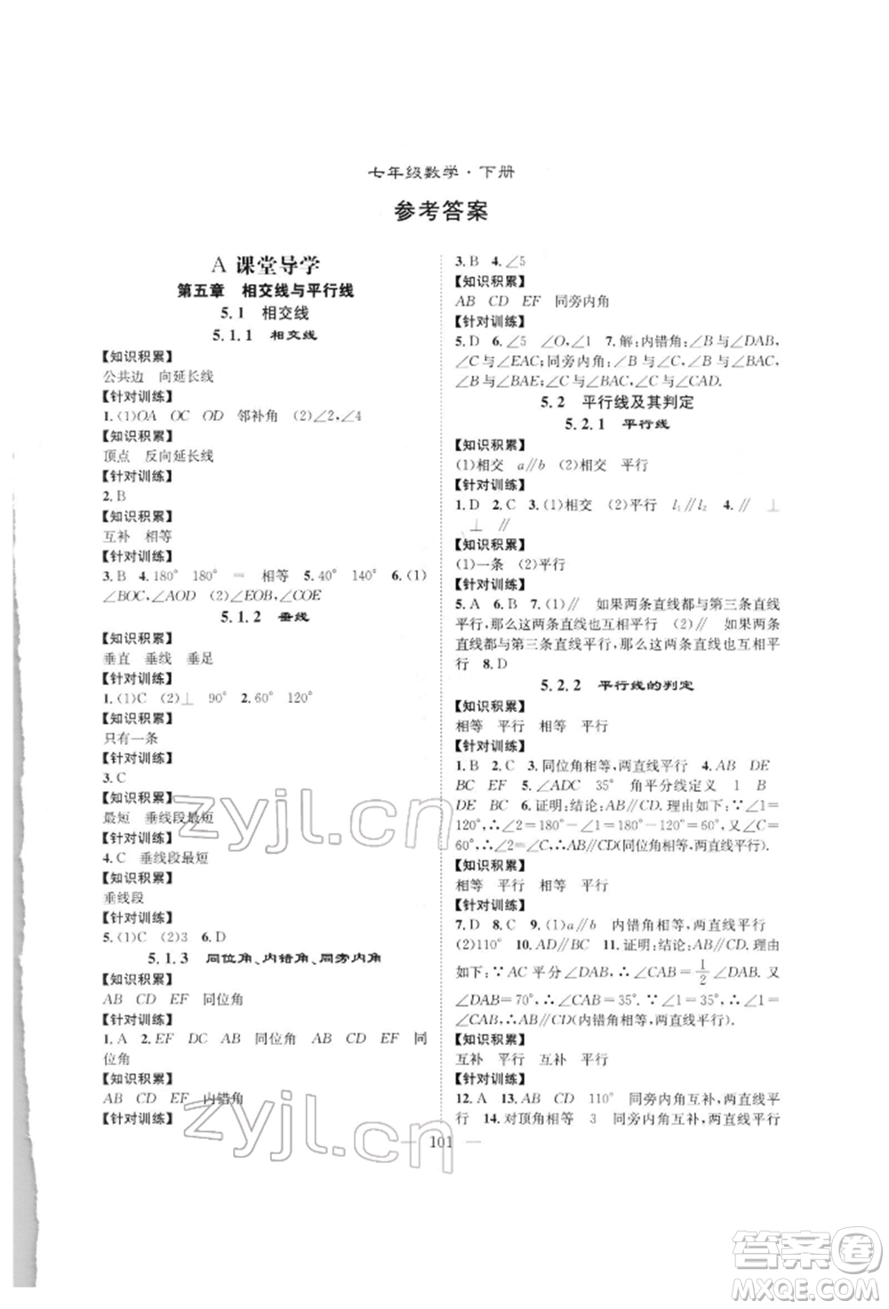 長江少年兒童出版社2022優(yōu)質(zhì)課堂導(dǎo)學(xué)案七年級下冊數(shù)學(xué)人教版B自主作業(yè)參考答案