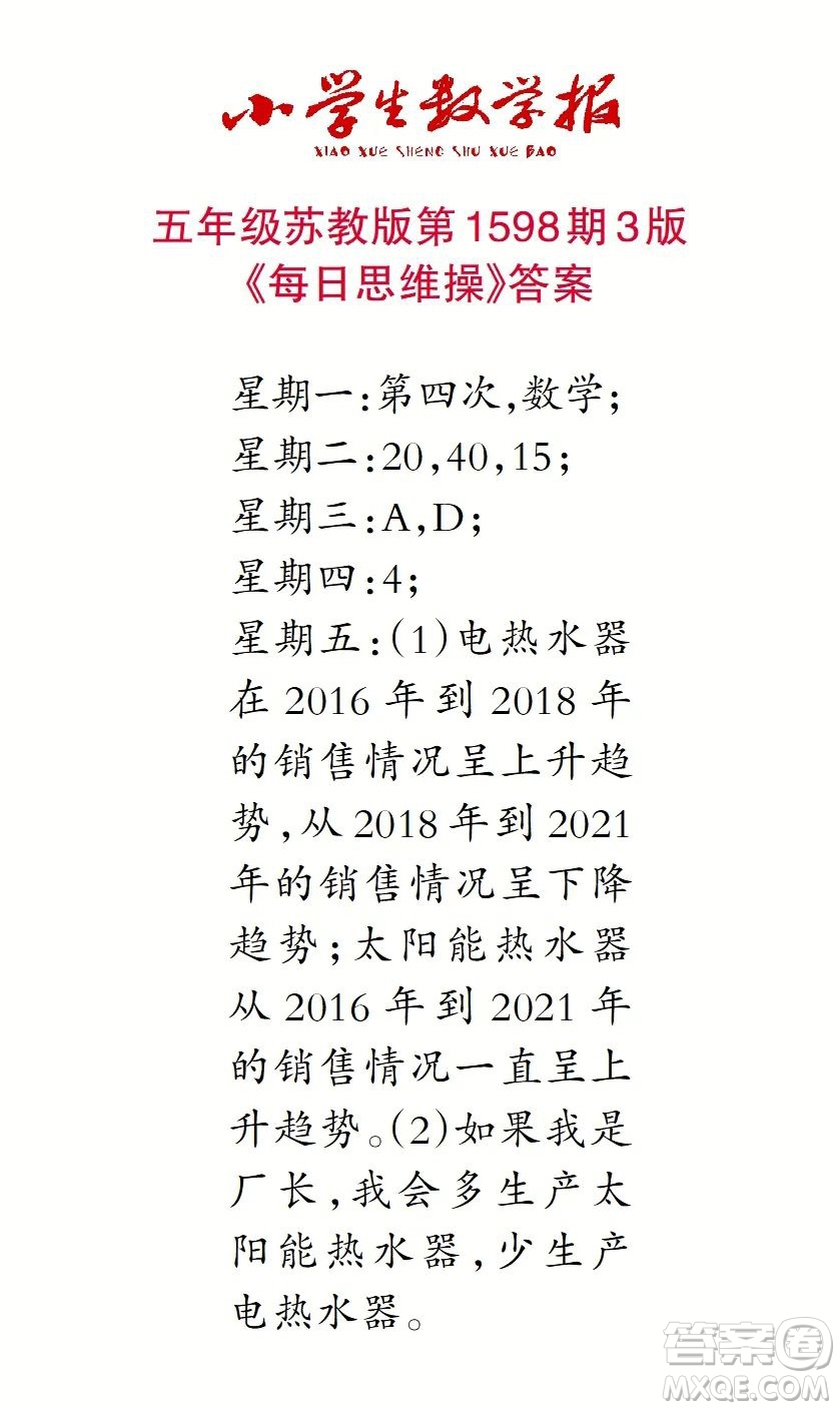 2022春小學生數(shù)學報五年級第1598期答案