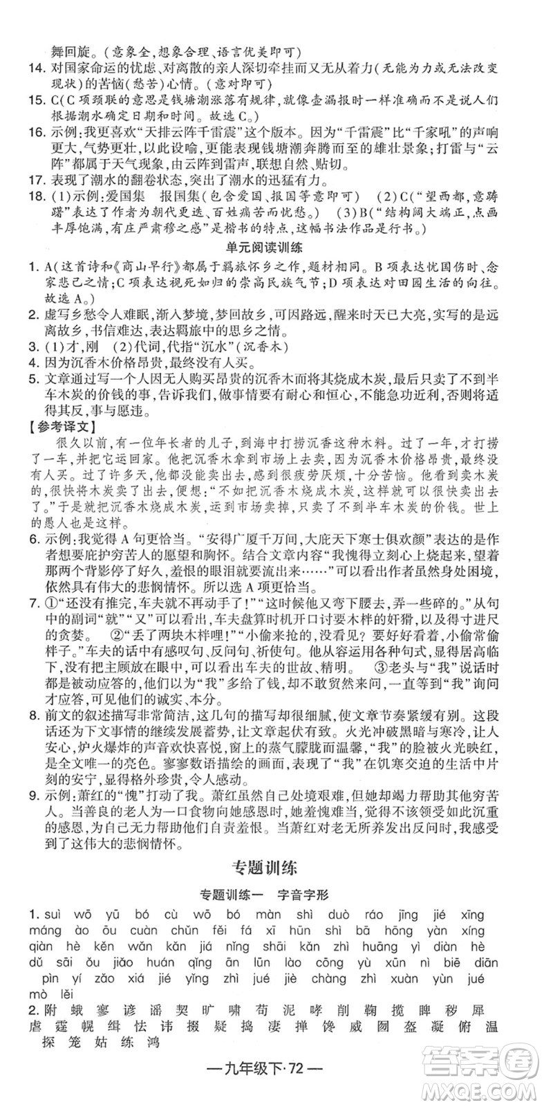 寧夏人民教育出版社2022學(xué)霸課時作業(yè)九年級語文下冊部編版答案