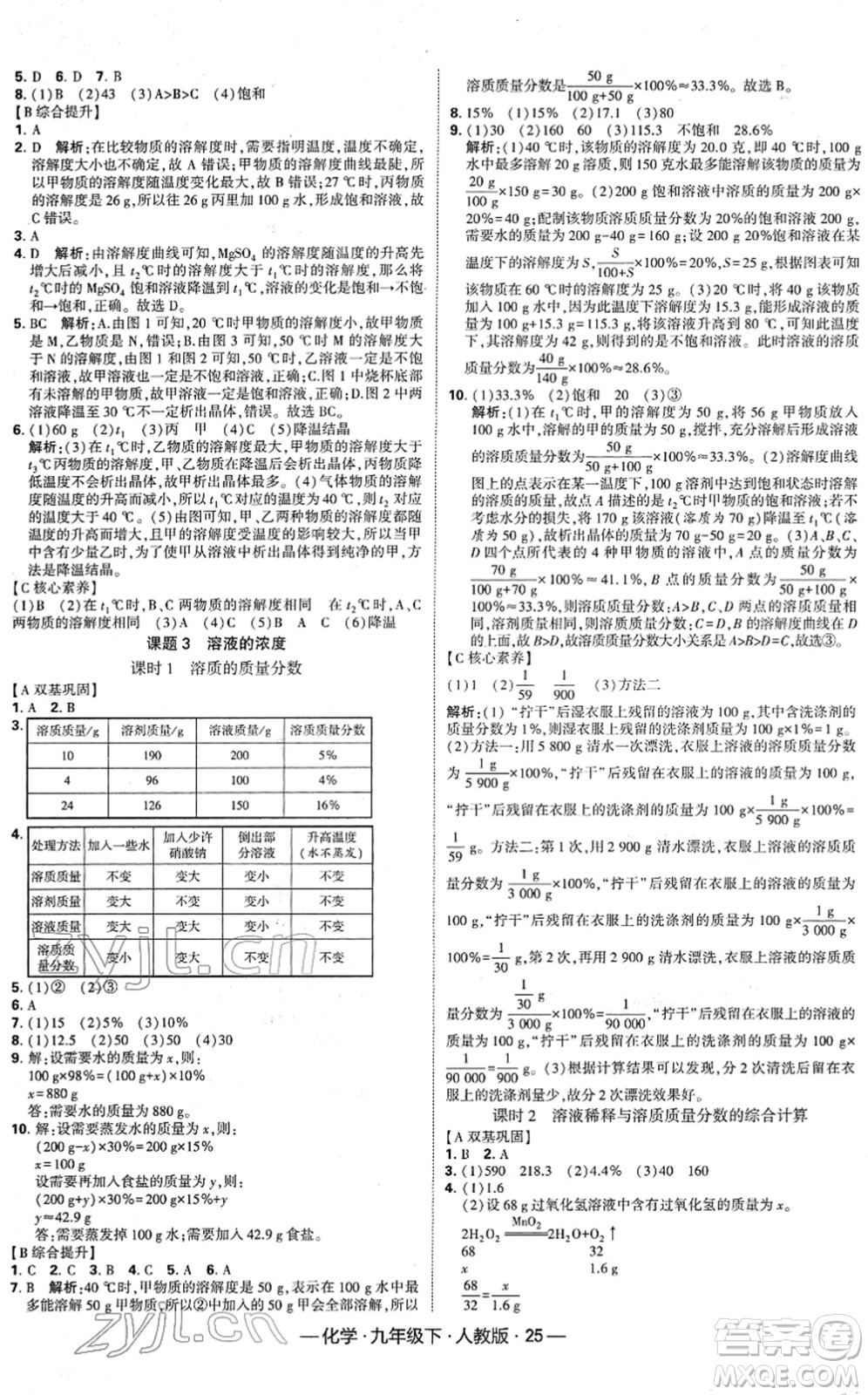 寧夏人民教育出版社2022學(xué)霸課時(shí)作業(yè)九年級化學(xué)下冊RJ人教版答案