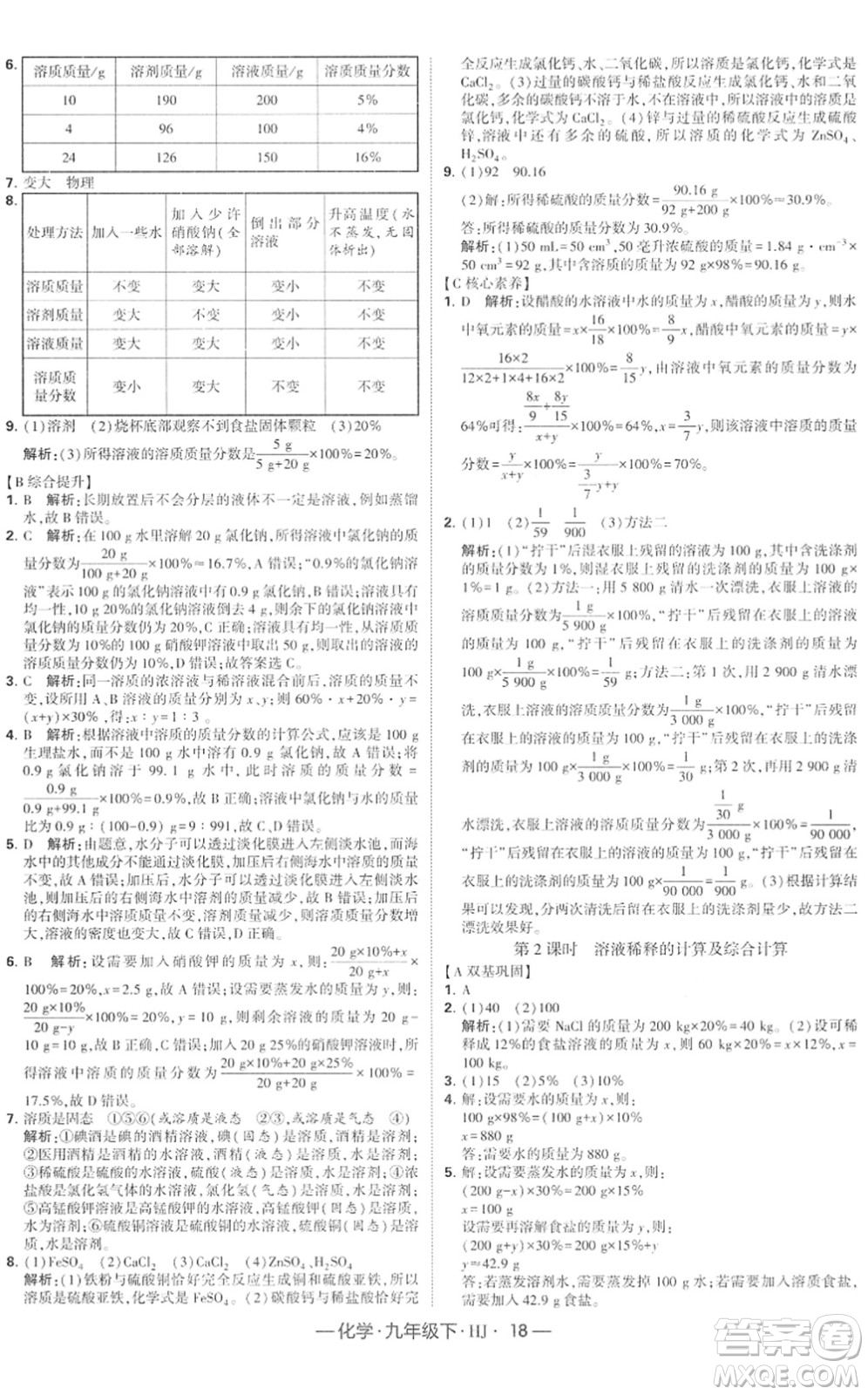 寧夏人民教育出版社2022學(xué)霸課時作業(yè)九年級化學(xué)下冊HJ滬教版答案