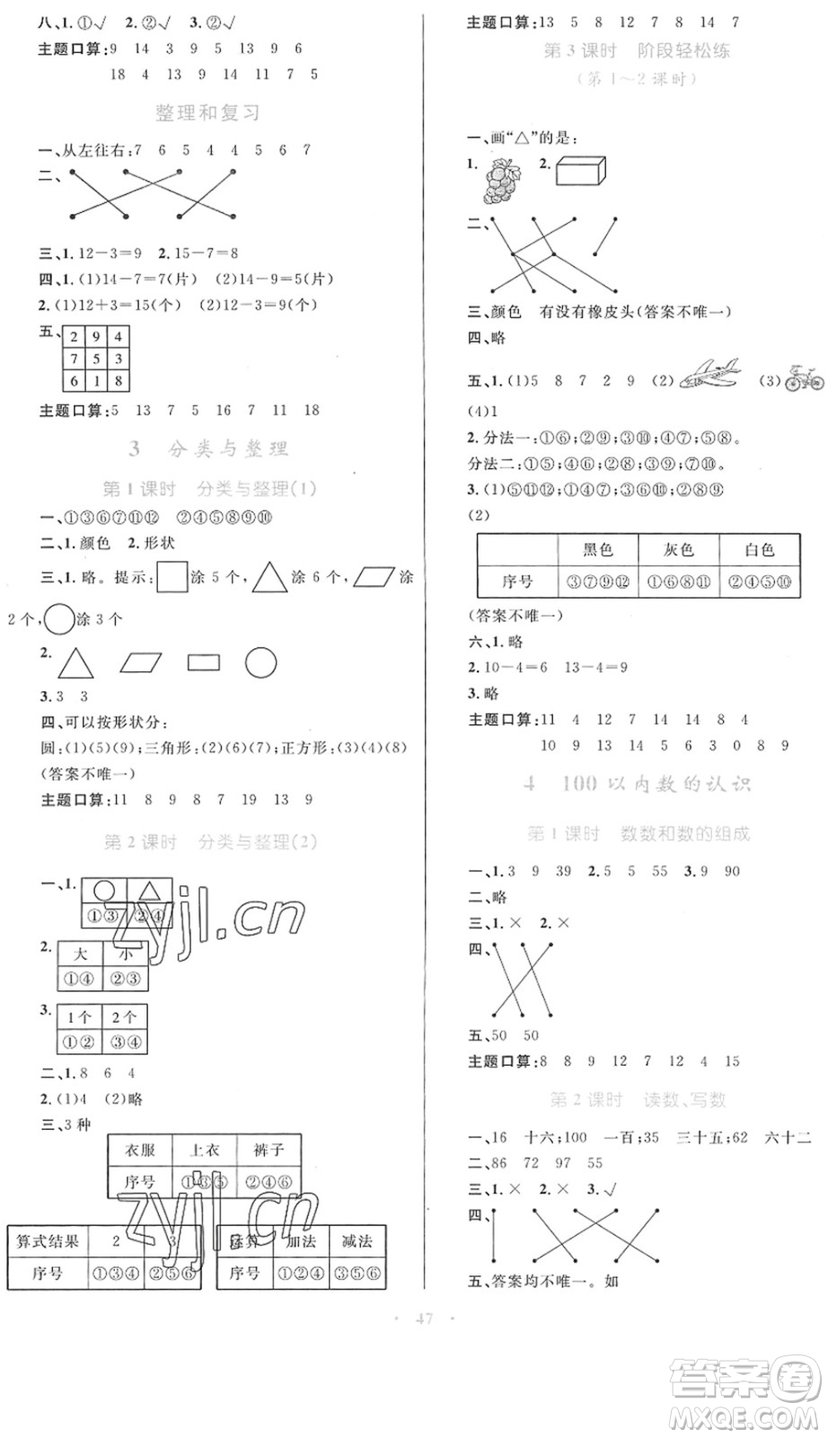 內(nèi)蒙古教育出版社2022小學同步學習目標與檢測一年級數(shù)學下冊人教版答案