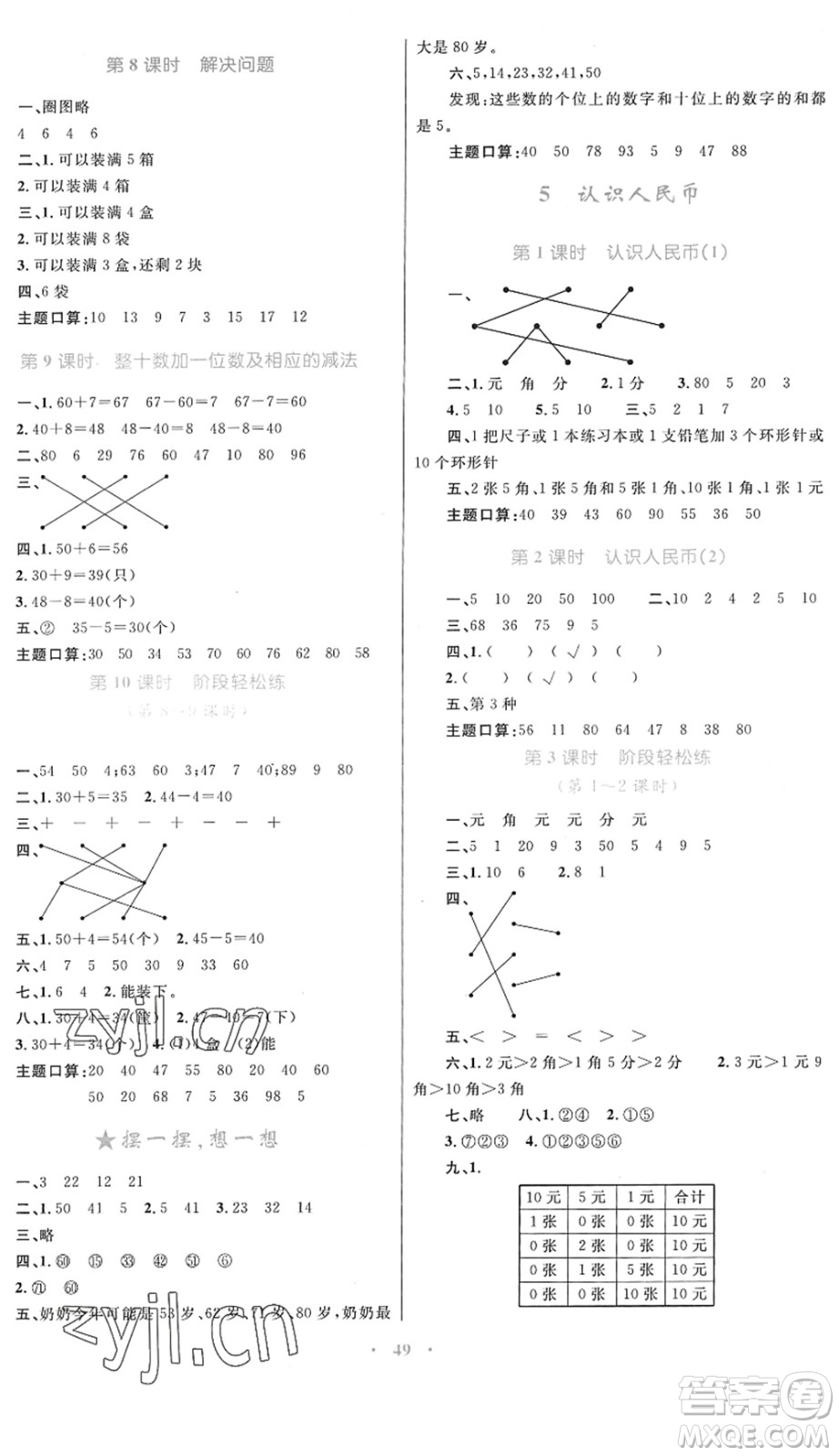 內(nèi)蒙古教育出版社2022小學同步學習目標與檢測一年級數(shù)學下冊人教版答案