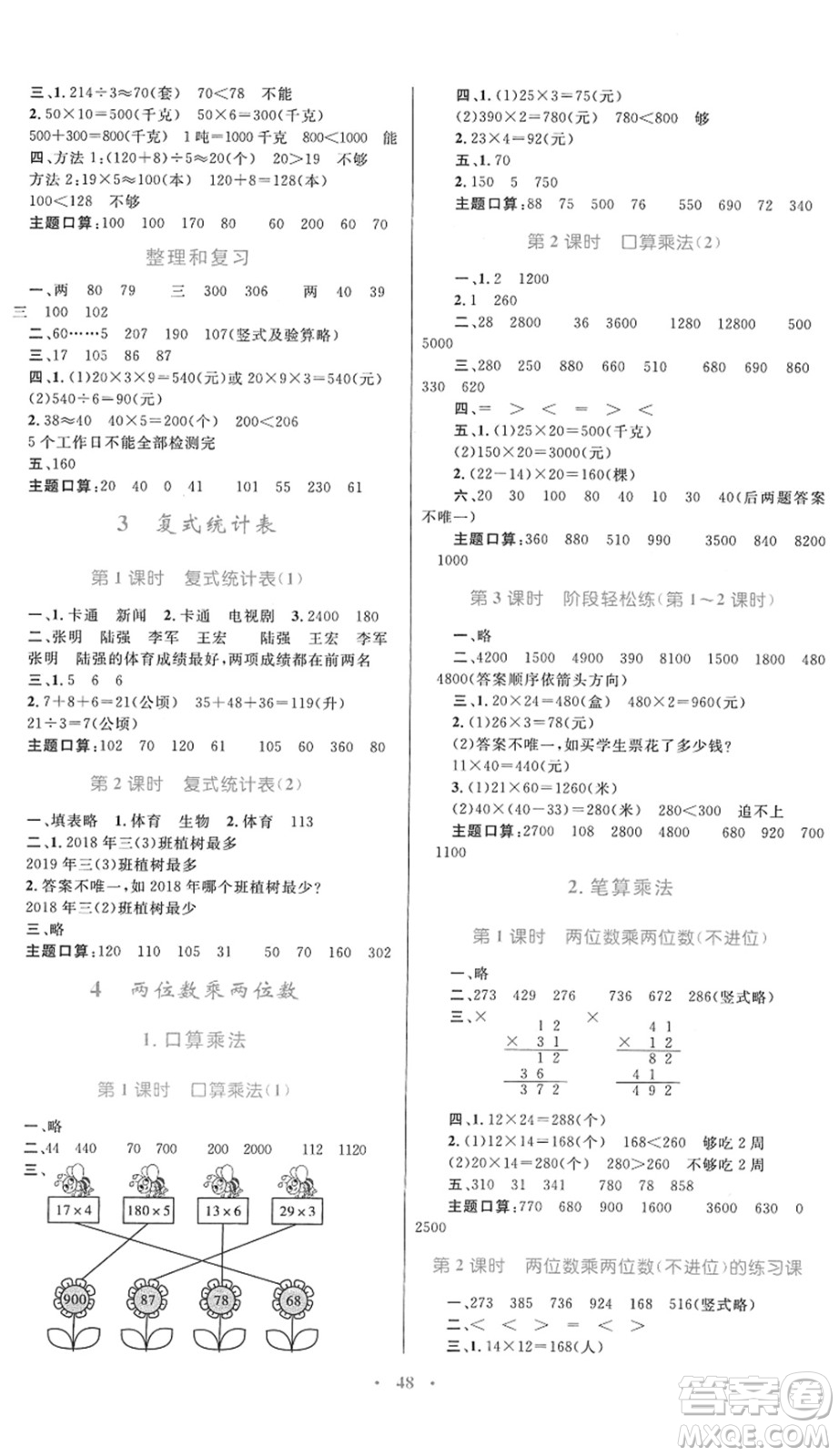 內(nèi)蒙古教育出版社2022小學(xué)同步學(xué)習(xí)目標(biāo)與檢測(cè)三年級(jí)數(shù)學(xué)下冊(cè)人教版答案