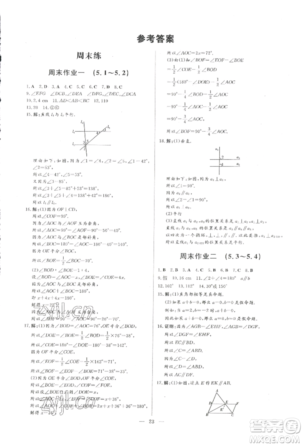 吉林教育出版社2022練案課時(shí)作業(yè)本七年級(jí)下冊(cè)數(shù)學(xué)人教版參考答案