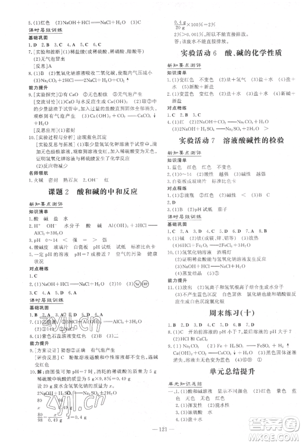 吉林教育出版社2022練案課時作業(yè)本九年級下冊化學人教版參考答案