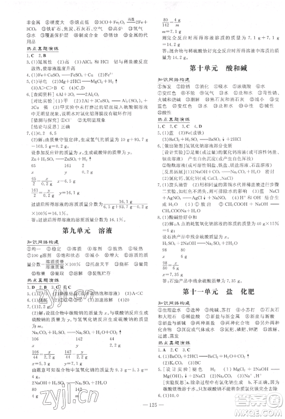 吉林教育出版社2022練案課時作業(yè)本九年級下冊化學人教版參考答案