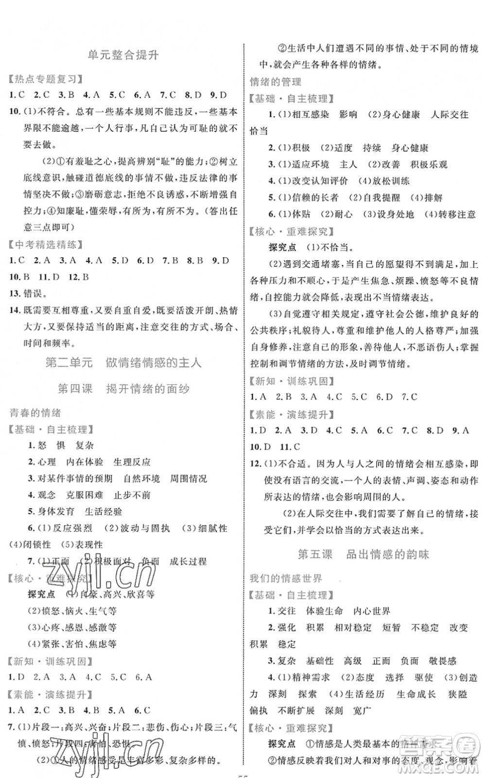 內(nèi)蒙古教育出版社2022初中同步學(xué)習(xí)目標與檢測七年級道德與法治下冊人教版答案