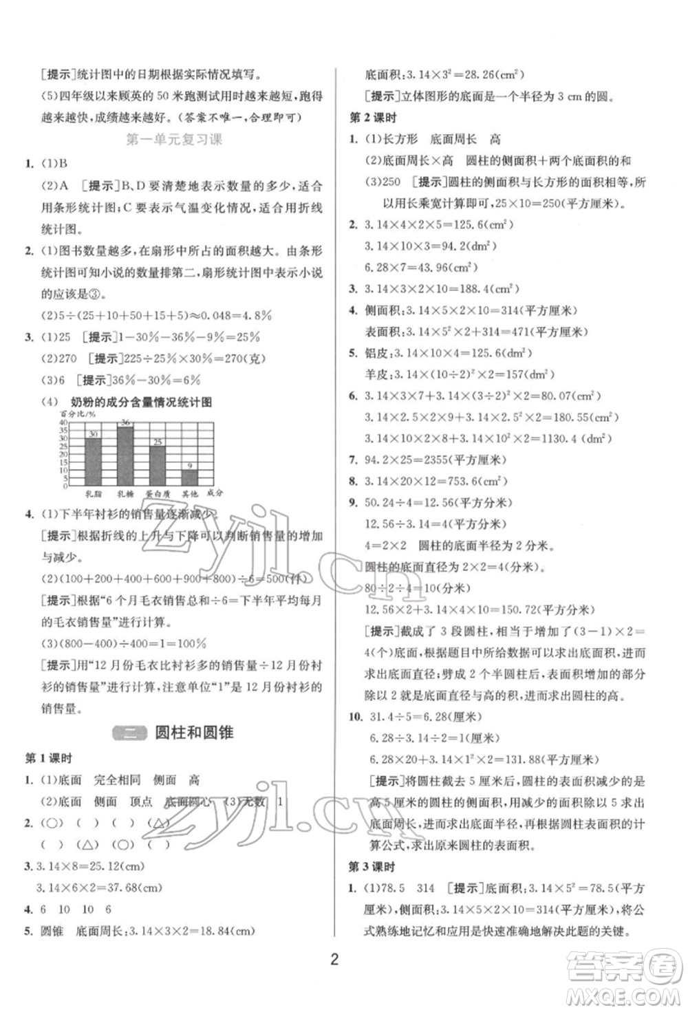 江蘇人民出版社2022年1課3練單元達(dá)標(biāo)測(cè)試六年級(jí)下冊(cè)數(shù)學(xué)蘇教版參考答案