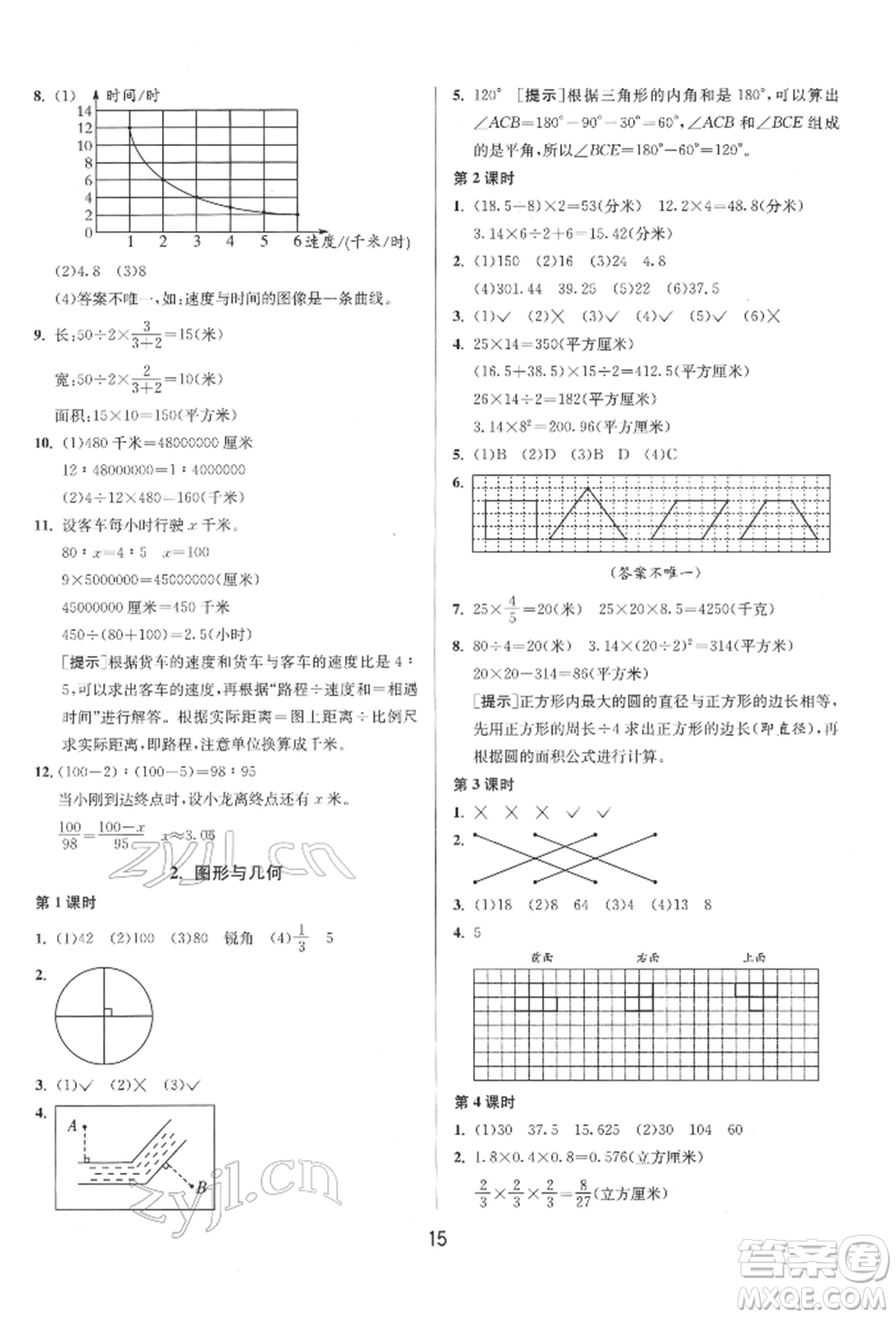 江蘇人民出版社2022年1課3練單元達(dá)標(biāo)測(cè)試六年級(jí)下冊(cè)數(shù)學(xué)蘇教版參考答案